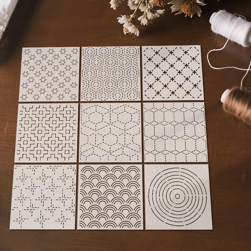 9 Pcs Reusable Sashiko Embroidery Stencils, Geometric Line Quilting Templates for Painting, Drawing, DIY Crafts, Canvas, Wood, Wall & Cookie Decor - color: 9pcs Sashiko