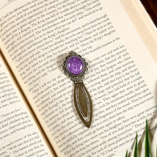 1Pcs Vintage Amethyst Bookmark with Natural Crystal Stone - Fantasy Brass Metal Bookmarks for Reading Women, Men, Book Lovers, Girls and Teachers Book Marks(Amethyst) - color: Amethyst