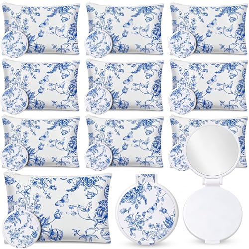 Gilprop 20 Pcs Bridal Shower Favors for 10 Guests, Makeup Bags with Mirror - style: Blue Plain Flowers