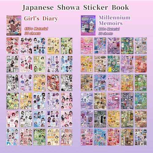 2-in-1 Japanese Sticker Set, 650+ Showa & 800+ Y2K Designs - color: 2 in 1