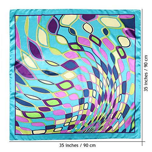 AWAYTR 2-Pack 35" Silk-Like Satin Head Scarves for Women, Square Bandanas - color: Elliptical Grid(rose+blue)