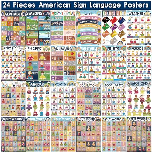 YIYDONG 24 Boho American Sign Language Posters for Kids, Babies & Toddlers, ABC ASL Flash Cards, Classroom Decor