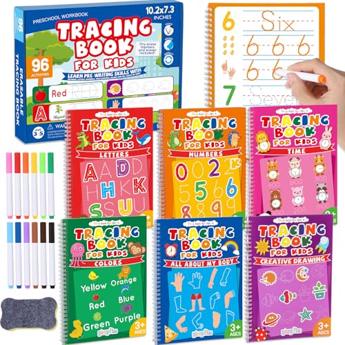 gisgfim Preschool Learning Activities 96 Pages Tracing Books for Kids Ages 3-5 Kindergarten Workbooks Dry Erase Autism Learning Workbook Writing Practice for Kids Letter Tracing Pre K Busy Book 6 Pads