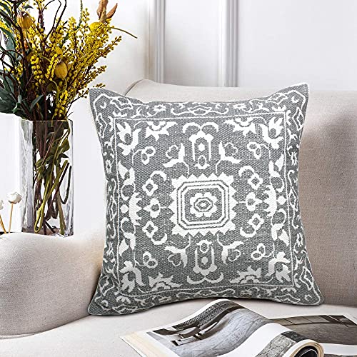 20x20 Inches Medallion Cotton Blend Throw Pillow Covers for Home Decor | Traditional Boho Cushion Covers for Throw Pillows | Perfect for Living Room Couch & Bedroom | Gray/White - color: Gray/White