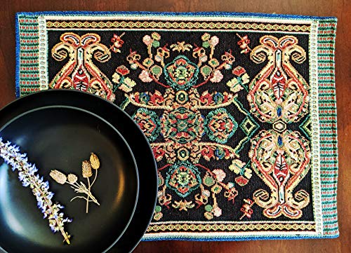 Tache Set of 4 Black & Green Tapestry Placemats – Woven Floral Paisley Medallion, Rococo Baroque Style – Cotton Linen Cloth Table Mats for Dining, Kitchen & Holiday Decor (13" x 19")