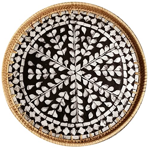 i-lan 16" Rattan & Mother of Pearl Serving Tray with 1.2" Raised Sides - Round Handwoven Black Accent Tray - Sophisticated Organizer for Home Bars, Coffee Tables & Lounge Decor - color: Black