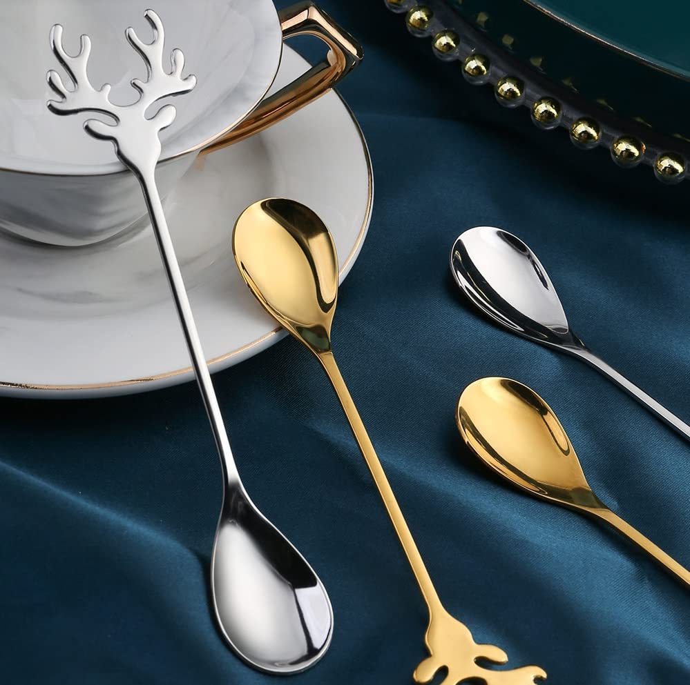 10 Pieces Stainless Steel Mini Coffee Espresso Spoon, Elk shaped spoon Flatware Dessert Teaspoons Small Soup Spoons, 5.5 inch Specialty Demitasse Stirring Spoons - size: Silver 10 Pack