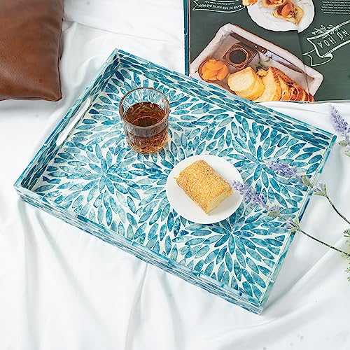 Serving Tray 15.7" X11.8", Lacquer Mother of Pearl Inlay Mosaic Tray, Rectangle Wooden Marble Tray with Handles Trays for Tea, Breakfast in Bed, Table (Flower Style) - color: Flower Style