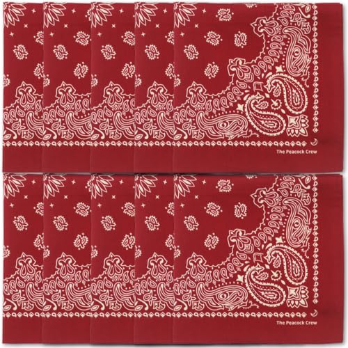 The Peacock Crew Premium Soft Cotton Bandanas Pack for Men and Women Paisley 22 x 22 inches - color: Pack of 10 Burgundy