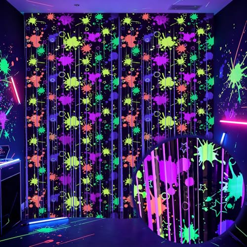 OQOQ Neon Party Decorations Tinsel Curtains Backdrop 2 Pack, 3.3x8.2ft XL - color: Neon Splatter
