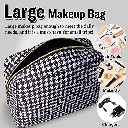 Nylon Large Makeup Bag Black Houndstooth Travel Pouch for Women, Big Preppy Makeup Bag Cute Cosmetic Zipper Pouch Purse, Waterproof Toiletry Bag Clutch Makeup Organizer for Girls(Black Houndstooth) - color: Black Houndstooth, size: Large