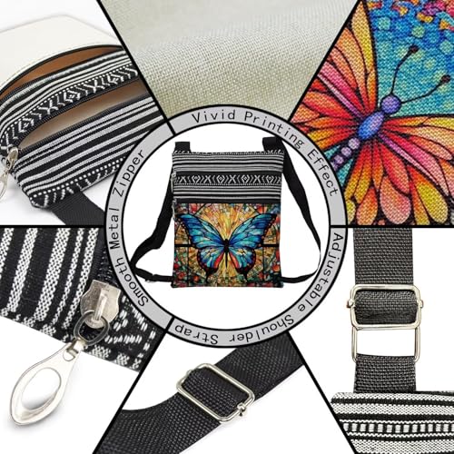 Stained Glass Pattern Crossbody Handbag with Zipper Butterfly World Tree Bee Aesthetic Present for Woman - color: Blue Butterfly