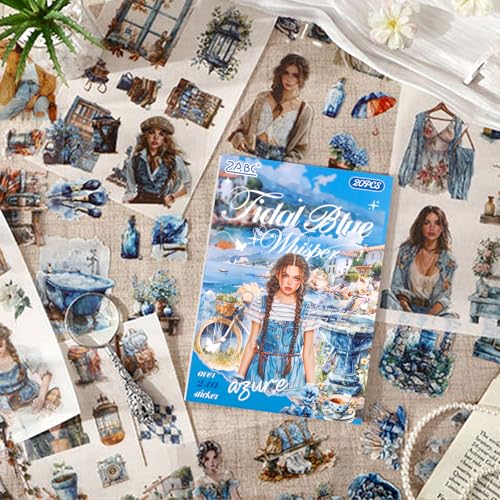 Tidal Blue Whisper Sticker Scrapbooking Supplies for Junk Journal, 20 Sheets PET Stickers - Vintage Journaling Stickers - color: Tidal Blue Whisper