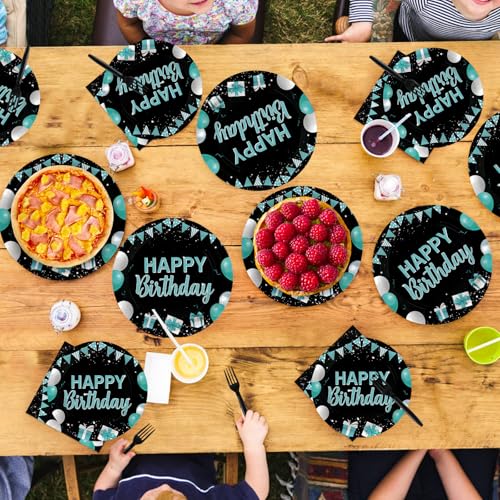 Grencian 96Pcs Happy Birthday Teal Blue Black Party Decorations Serves 24 - style: Peacock Blue Black Birthday