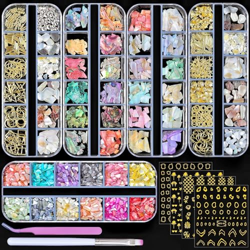 5 Boxes 3D Nail Art Crushed Sea Shell Irregular Iridescent Natural Abalone Seashell Slices Starfish Metal Sea Star Conch Moon Triangle Rivet Gems(sea Shell kit) - color: 2-sea shell kit