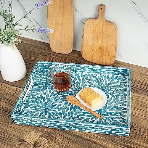 Serving Tray 15.7" X11.8", Lacquer Mother of Pearl Inlay Mosaic Tray, Rectangle Wooden Marble Tray with Handles Trays for Tea, Breakfast in Bed, Table (Flower Style) - color: Flower Style