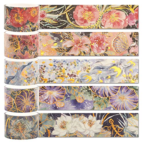 YUBBAEX Blooming Washi Tape Set Gold Foil Masking Tape Peony Wide Decorative for Arts, DIY Crafts, Journal Supplies, Planners, Scrapbook, Card/Gift Wrapping -25mm- (Purple Flowers) - color: Purple Flowers