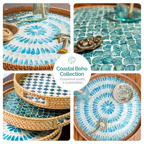 JUNGLE CULTURE Round Rattan Tray with Mother of Pearl Inlay • Drift 12” - color: Drift, size: 11.8"