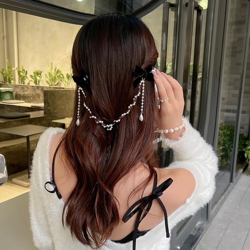 Velvet Bow Hair Clips Pearl Tassel Chain Hair Bow Barrettes Black Bows Claw Clip Hairpins Sweet Bowknot Snap Hair Clip Small Cute Alligator Hair Clips Hair Accessories Gift for Women Girls Toddlers - color: Black