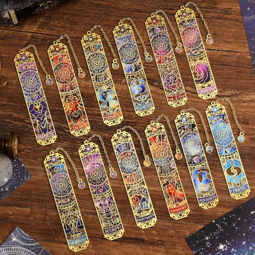 12 PCS Zodiac Theme Metal Bookmark for Women, Gold Hollow Astrology Bookmarks Set Funny Book Mark for Girls, Teenage, Student, Readers, Men, Horoscope Themed Gifts for Book Lovers, Birthday Present - style: 12Pcs Zodiac