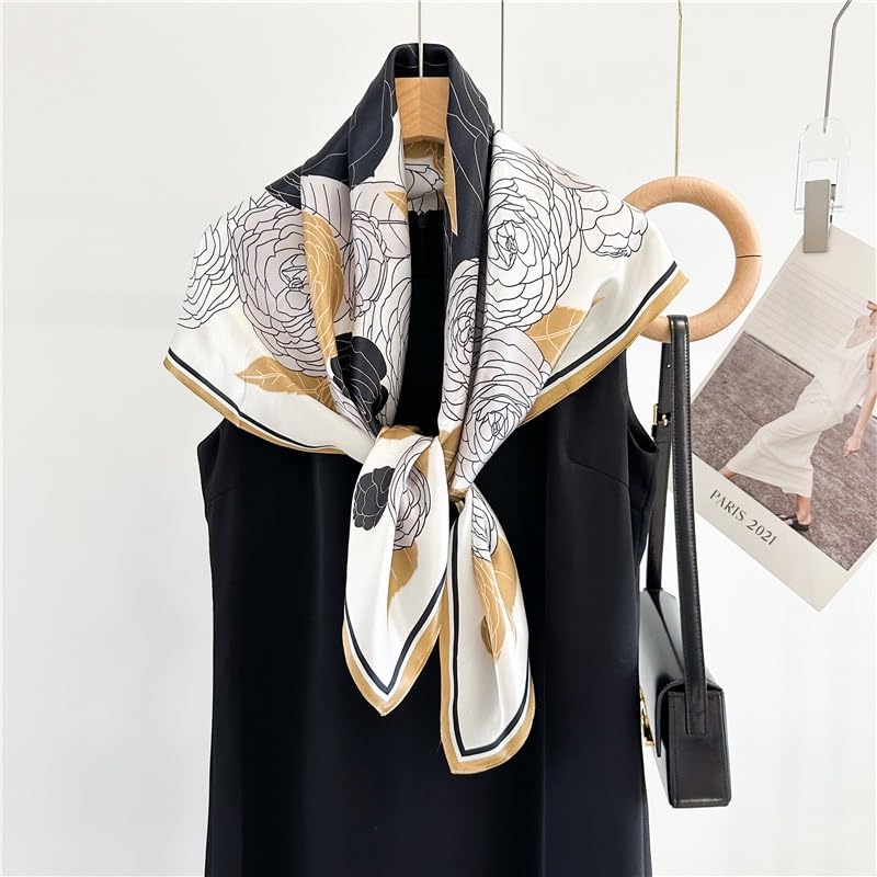 ANDANTINO 100% Mulberry Silk Scarf -Women 35" Square Hair Wraps-Gift Packed - color: Black&gold