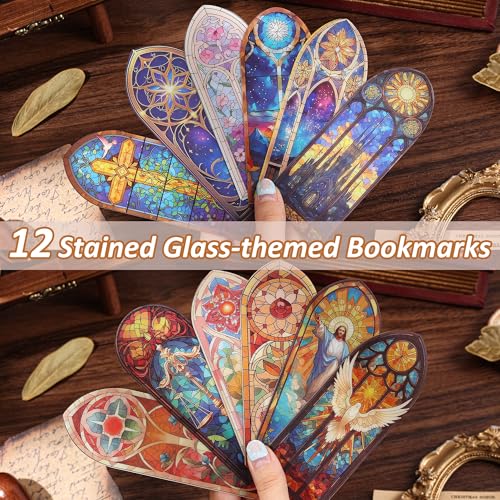12 PCS Stained Glass Theme PET Bookmarks for Women, Lightweight Church Window Bookmark Set Artistic Book Mark for Girls, Readers, Teenage, Christmas New Year Gift Birthday Present for Book Lovers - style: 12Pcs Stained glass