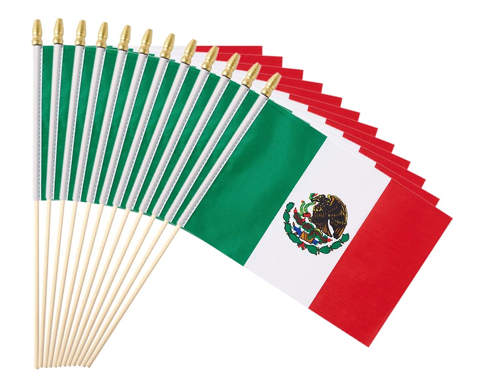 25Pack Small Mexico Flag Handheld Mini Mexican Flag on Stick 5x8 Inch - color: Mexico