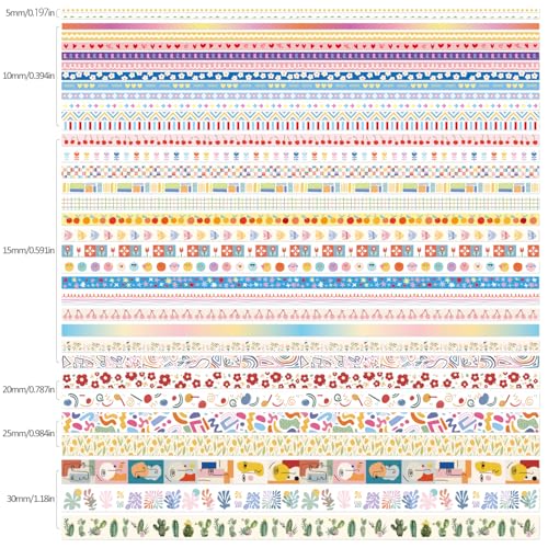 emmoolife 35 Rolls Washi Tape Set, Colorful Cute Floral Writable Decorative Tapes for Scrapbooking and Journaling, Junk Journal Supplies, Bullet Journaling for Women Girl 5-30mm Wide 9.84ft Long/Roll - style: Colorful Canvas