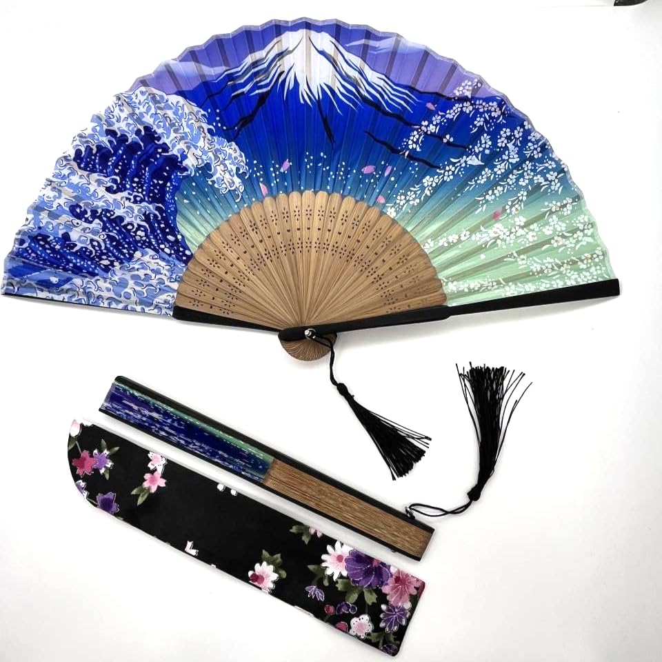 Folding Hand Fan for Women - Foldable Chinese Japanese Vintage Bamboo Silk Fan - with Tassel and Pouch, Perfect for Decoration, Dance, Wedding,Music Festival，Party and Gifting (Night) - color: Night
