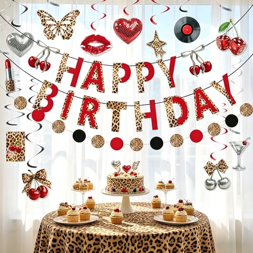 Paper Jazz Leopard Print Birthday Decorations, 11Pcs Cheetah Party Banner with Cherry & Red Accents Swirl for Animal Print Themed Party, Cherry Decorations Supplies for Happy Birthday - color: Leopard print