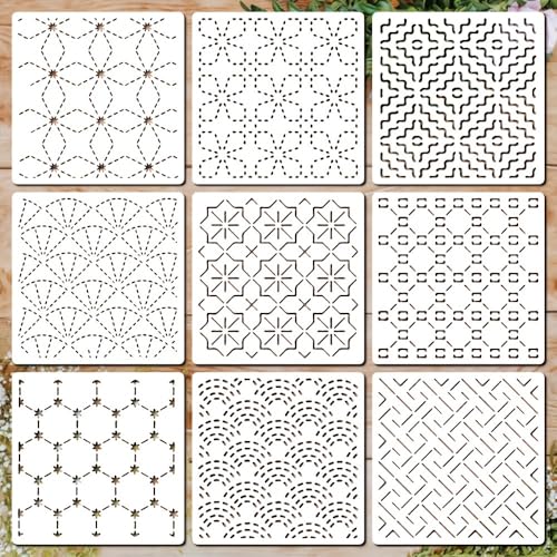 Sashiko Stencil 9pcs Reusable Plastic Templates 5.9 * 5.9 Inch Reusable Stencils Hand Quilting Stencils Embroidery Pattern Sewing Craft Paint Template - color: 9pcs