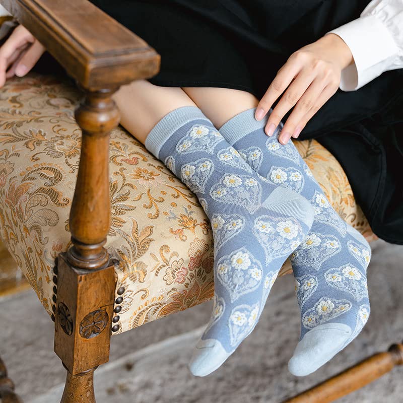 Vintage Embroidered Floral Socks for Women Combed Cotton Crew Socks - color: 5 Pairs - Blue