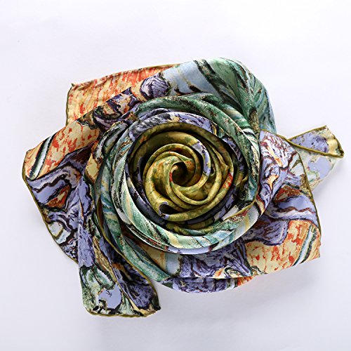 JWSilk Long Charmeuse Silk Scarf Classic Art Print - color: Blue Iris