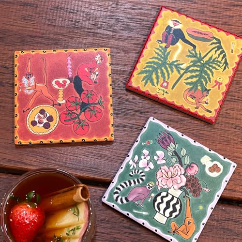 SAMCAM Bar Coasters Set of 6, 4inch Absorbent Drink Coasters with Ceramic Surface and Cork Base, Monkey Theme Art Coaster Set for Bar Cafe Kitchen Decor, Gift for Men, Art Lovers and Housewarming