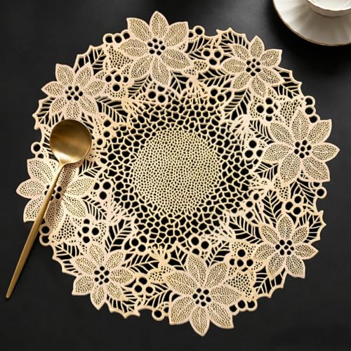 Quantum Love Set of 6 Gold Metallic Vinyl Round Placemats with Wreath Heat-Resistant Washable 15 Inch Table Mats for Daily Use Wedding Gathering Party Decor - color: Gold Wreath