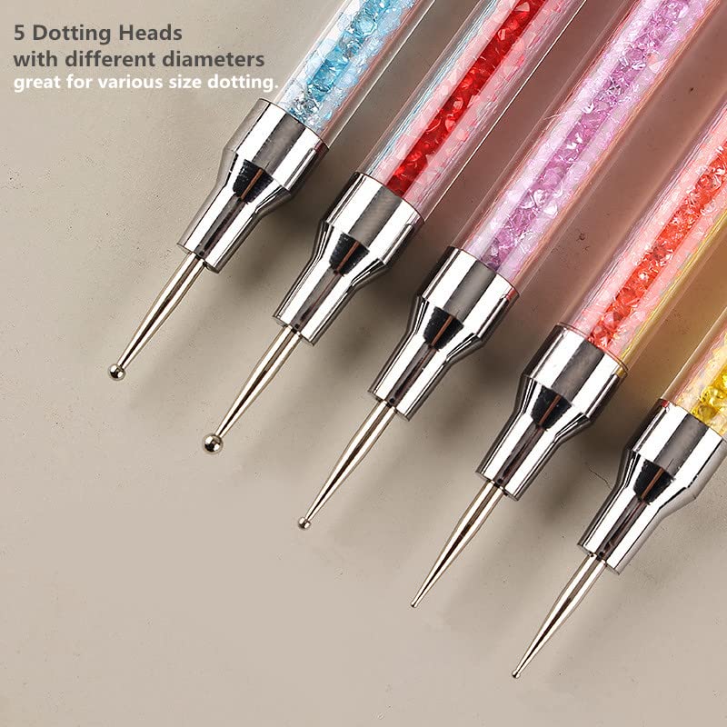 FULINJOY 5PCS Dual-Ended Nail Art Sculpture Pen Dotting Tools, Silicone Nail Polish Brushes Stainless Steel Carving Drawing Dotting Tool, Acrylic Rhinestone Handle, Nail Art Tools