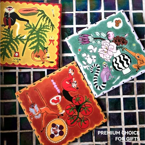 SAMCAM Bar Coasters Set of 6, 4inch Absorbent Drink Coasters with Ceramic Surface and Cork Base, Monkey Theme Art Coaster Set for Bar Cafe Kitchen Decor, Gift for Men, Art Lovers and Housewarming
