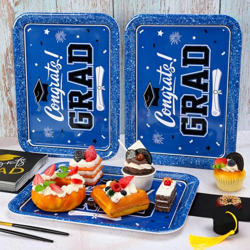 JarThenaAMCS 3Pcs Graduation Serving Trays Reusable Melamine Platter Blue Congrats 2026 Grad Diploma Bachelor's Hat Serving Dishes for Graduate Party Sharing Snacks Fruits Dessert - style: Blue Graduation