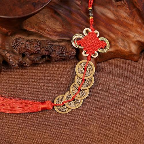 Feng Shui Gold Coins Chinese Luck Charm, Red Knot Wall Hanging for Car,House,Office, Wealth and Success Five Emperor Money(5coins) - 2pcs - color: Floral Knot Five Emperor Coins Ornament 2pcs