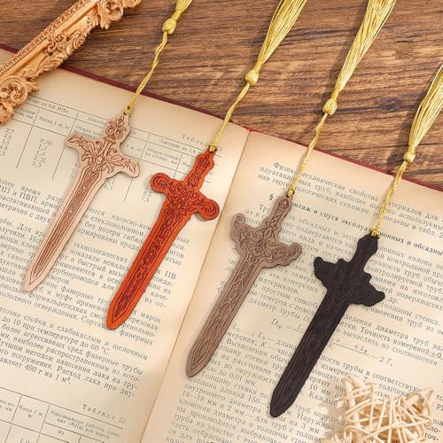 4 Pieces Sword Bookmarks with Tassel, Vintage Bookmarks for Reading, Personalized Wooden Bookmark, Unique Pattern Bookmark Engraved, Birthday Gift for Men, Women, Girls, Boys - color: Wooden Bookmark Gift Box