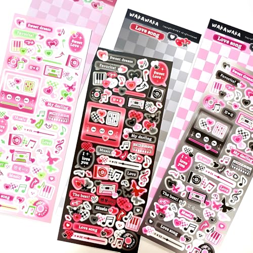 6 Sheets Colorful Cute Korean Deco Stickers Set - Kpop Photocard Self Adhesive Music Note Butterfly Heart Sticker for Journal Scrapbook Kids Scrapbooking Journaling