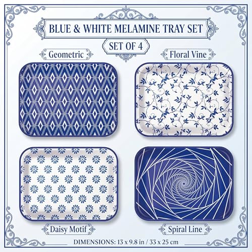 Vesici 4 Pack Blue White Melamine Serving Trays, 13 x 10 Inch Platters - style: Blue and White Porcelain