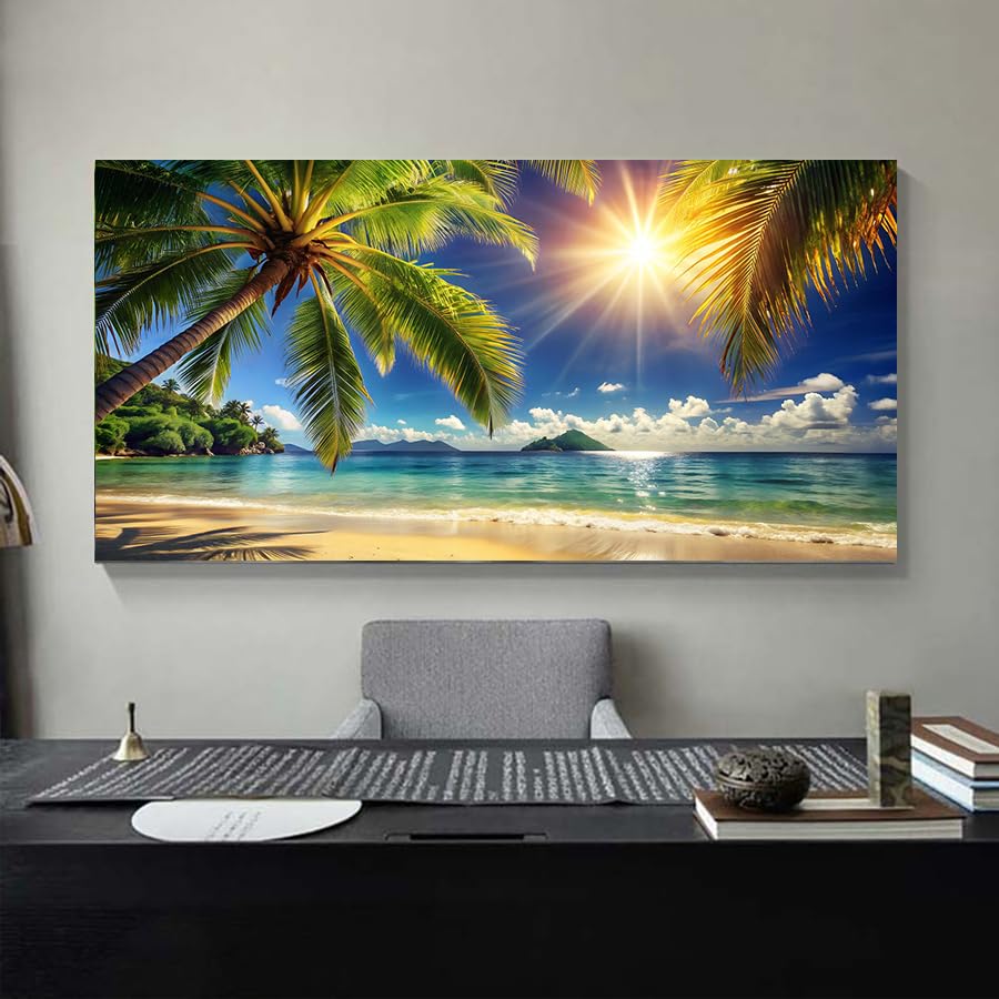 Yxbhhym Large Pictures for Living Room Coastal Painting Tropical Sunrise Bearoom Wall Art Beach Poster Ocean Room Decor Palm Tree Canvas Print Summer Sunlight Artwork Framed Office Decor Home - color: AbePal, size: 60"L x 30"W