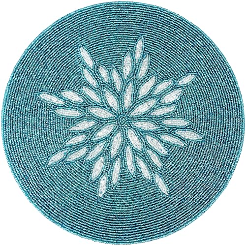 Decorative Beaded Table Mat - 13” Round Charger Plate | Handmade Elegant Beaded Placematss & Polyester Backing | Home & Kitchen Decor Single Pack (Silver Teal) - ALPHA Living HOME - color: Silver Teal, size: Set of 1