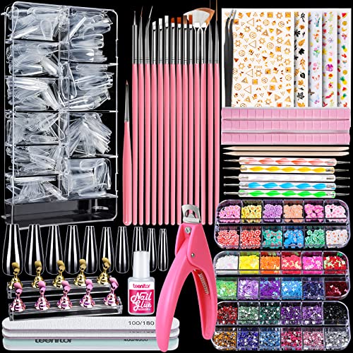 Teenitor Acrylic Fake Nails Kit, Press On Nail Supplies with Clear Coffin Nail Tips Nail Stand Nail Art Brushes Dotting Pen Glitter Sequins Sticker Rhinestones Nail Decorations Press On Nails Kit - color: Pink