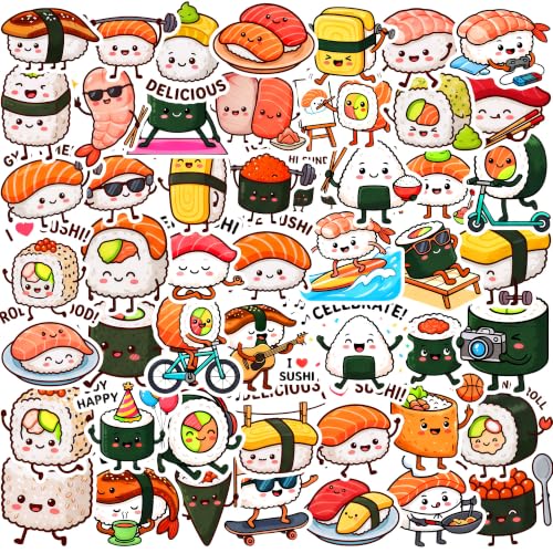 50 Pcs Sushi Stickers, Cute Cartoon Japanese Food Decals, Sushi Vinyl Waterproof Stickers for Water Bottle Laptop Scrapbook Journal Phone Decor Party Favors DIY Crafts Birthday Gifts - color: Sushi - B