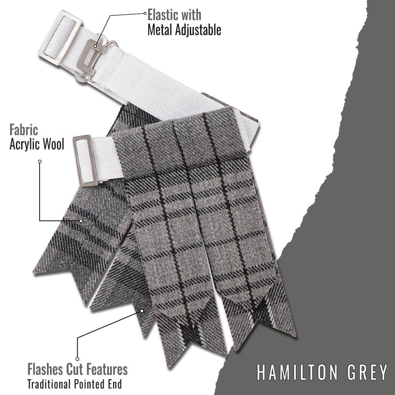 Kilt Flashes for Men with Heavy Buckle Adjusters, Plain & Tartan Kilt Sock Flashes. - color: Hamilton Grey