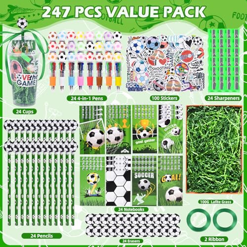 LiYiQ 24 Set 247 Pcs Soccer Party Supplies Return Gifts for Party, Student Stationery Gifts from Teacher Rewards Prizes, Pencil Erasers Notebooks Stickers for Soccer Classroom Birthday - style: Soccer