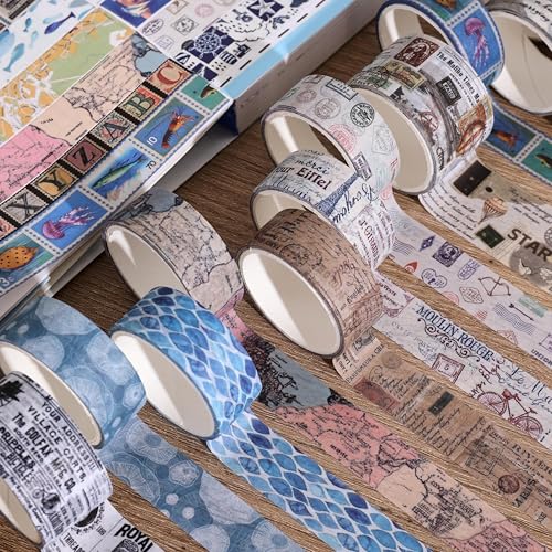 38 Rolls Vintage Washi Tape Set, Vintage Travel Stamp Map Scenery Art Letter Writable Decorative Tapes for Scrapbooking , Junk Journal Supplies, Bullet Journaling 5-25mm Wide 9.84ft long/Roll - style: Travel Memory