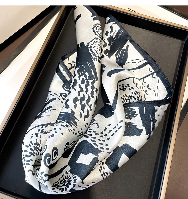 FEIBOON Mulberry Silk Scarf 21"x21" Small Square Scarfs for Women - color: Black Abstract